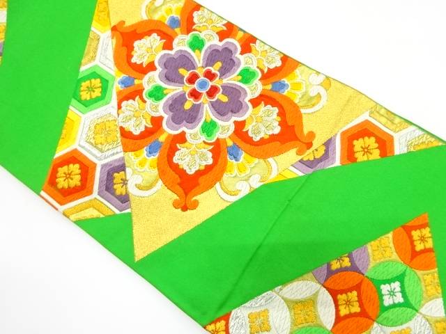 JAPANESE KIMONO / ANTIQUE FUKURO OBI / SILK / WOVEN FLORAL CREST & KIKKO